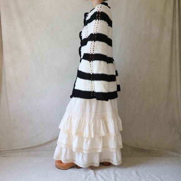 Super 70s Button Down Hand Knit Poncho in Black & White - Picture 2 of 5
